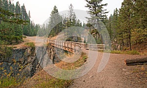 Wooden Bridge over Meadow Creek Gorge for hiking and horseback packing trail in the Bob Marshall Wilderness area in Montana USA