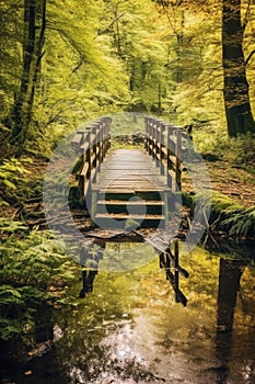 wooden bridge over a peaceful stream in the woods