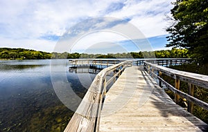 Wooden bridge over the reflective clean lake Carver surrounded by dense trees in Minnesota