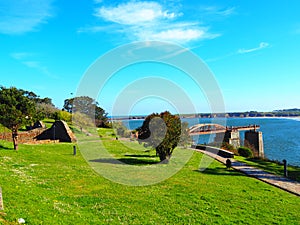 Wooden bridge over the river in Ribadeo, Lugo, Spain