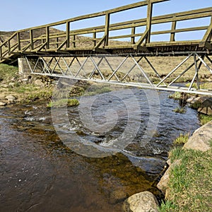Wooden bridge over the stream. early spring