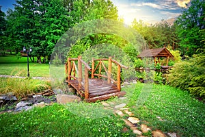 Wooden bridge over stream in green garden