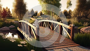 wooden bridge in the park, digital art illustration, Generative AI