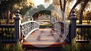 wooden bridge in the park, digital art illustration, Generative AI