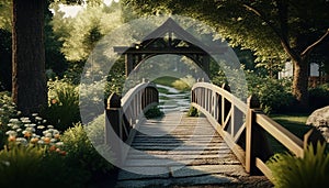 wooden bridge in the park, digital art illustration, Generative AI