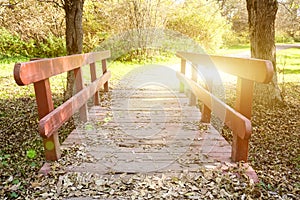 A wooden bridge in a picturesque landscape of wild nature is flooded with sunbeams, it has red railings, there are a lot