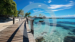 Wooden bridge or pier on tropical white sand beach with clear blue sea and sky on sunny day. Boardwalk into the ocean