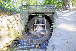 Wooden bridge with railings above river in park under trees.