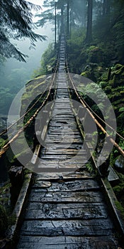 A Mystical Wooden Bridge In A Foggy Forest photo