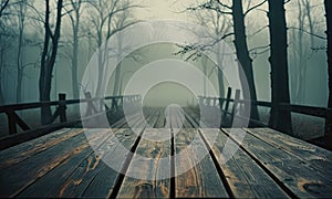 A wooden bridge is shown in the image, with a foggy atmosphere surrounding it. The bridge is situated in a wooded area,