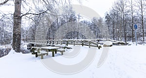 Wooden bridge during a snowy winter, Sweden