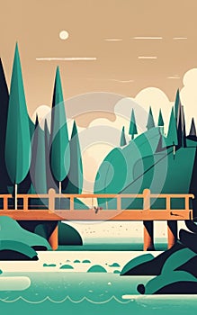 A wooden bridge spanning across a flowing river. Illustration