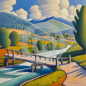 A wooden bridge spanning across a flowing river. Painting