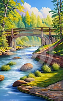 A wooden bridge spanning across a flowing river. Painting