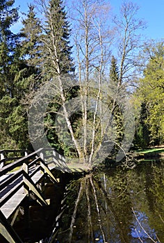 Wooden Bridge In Spring in the Park Halifax in the Town Soltau, Lower Saxony