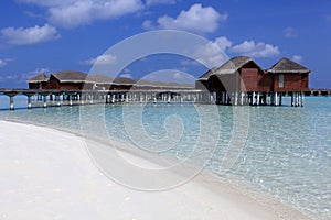 A wooden bridge stretches out to sea Maldives