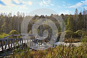 Wooden bridge through a swamp in Nikola-Lenivets Art Park