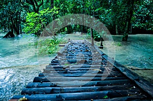 Wooden bridge in Tad Sae Waterfalls