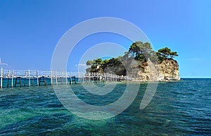 Wooden bridge to the island of Agios Sostis