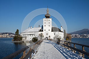 Wooden bridge to Traunsee castle orth, Gmunden, Upper Austria, w