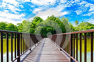 Wooden bridge walkway in Sri Nakhon Khuean Khan Park and Botanic