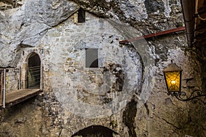 Wooden bridge and a wall at Predjama castle, Sloven