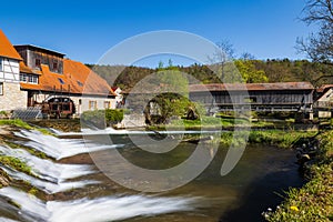 Wooden bridge with watermill in Buchfart in Thuringia, Germany