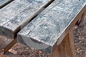 A wooden brown bench in the park, close-up. Wood texture. Closeup