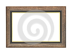 Wooden brown black golden frame for paintings. Isolated on white