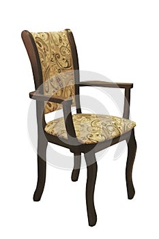 Wooden brown chair with soft colored yellow seat on white isolated background