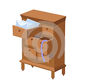 Wooden brown cupboard with drawers. Vector cartoon illustration. Furniture for interior of room. Isolated objects