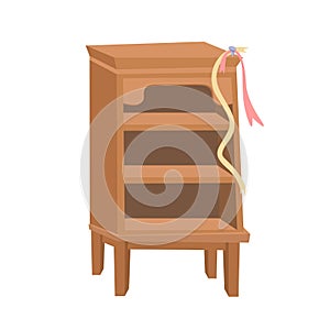 Wooden brown cupboard with shelves for books. Vector cartoon illustration. Furniture for room interior. Isolated objects