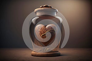 Wooden brown heart closed in a glass jar. Suffocate love. Love background illustration.