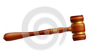 Wooden brown judge gavel, decision glossy mallet for court verdict. 3d realistic vector, isolated on white background