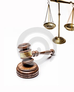 Wooden brown judge gavel with Justice Law judge Gold brass balance scale ( Ai generated )