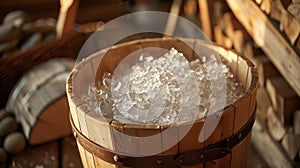 A wooden bucket filled with icecold water used in alternating with the sauna to promote circulation and invigorate the photo