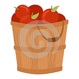 Wooden bucket filled with red apples, rustic wood texture and handle detail. Harvest, fresh fruit and autumn concept