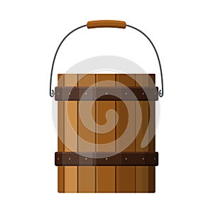 Wooden bucket with handle and metal strapping isolated on white background. Rustic wood pail icon. Vector illustration