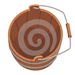 Wooden bucket with handle and without water. Container or empty pail for spa, sauna. Vector illustration isolated on