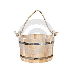 Wooden bucket with rope handle isolated on white background