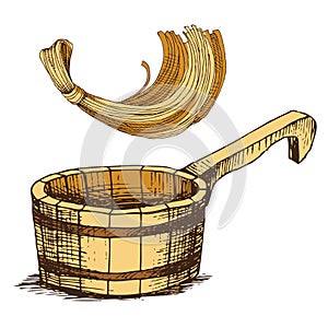 Wooden bucket and a sponge for washing, for Russian bath for body hygiene. Set of accessories for bath, sauna. Hand