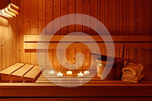 Wooden bucket with spoon, white towels and candlelight on bench in sauna interior