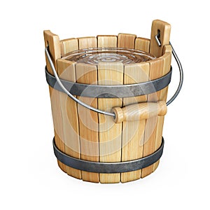 Wooden bucket with water isolated on white background 3d rendering