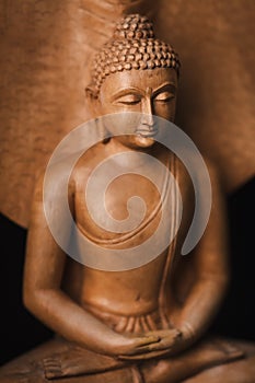 Wooden Buddha in a meditation pose.