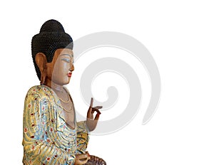 Wooden Buddha Statue, Sitting On Lotus Flower Isolated On White