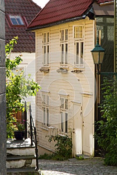 Wooden build in small street of Bergen