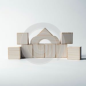 Wooden building blocks arranged to form a simple structure. The blocks include