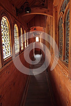 Wooden building with corridor inside, temple Wang, Karpacz photo