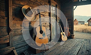 A wooden building with a hat hanging on the wall and guitars leaning against it.