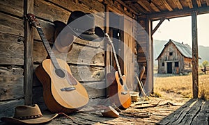 A wooden building with a hat hanging on the wall and guitars leaning against it.